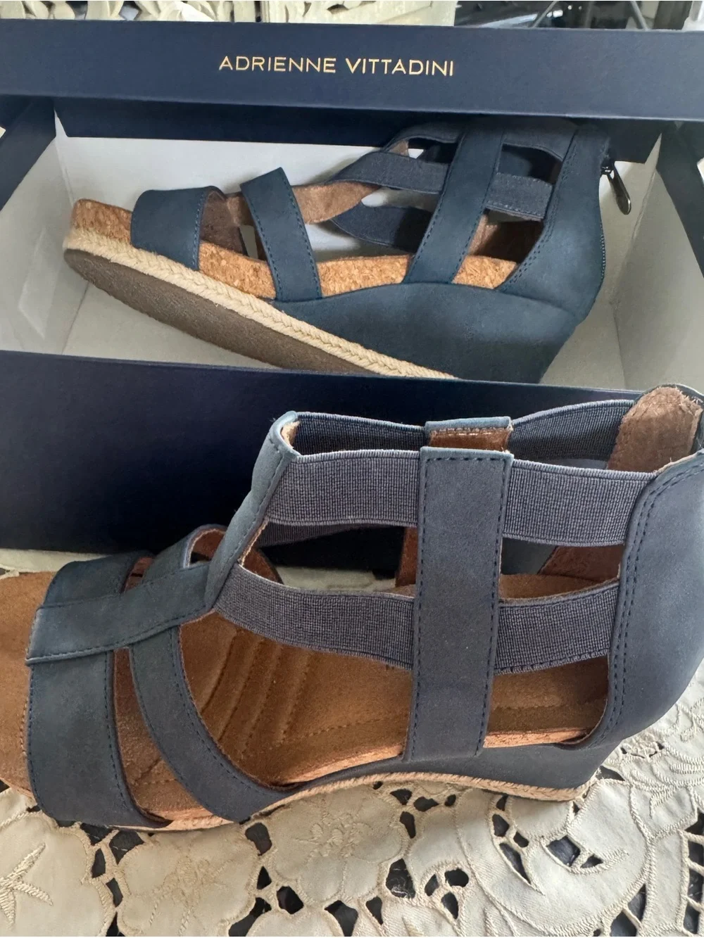 Adrienne Vittadini Truly style Navy wedge sandals in a size 8. NEW IN BOX.